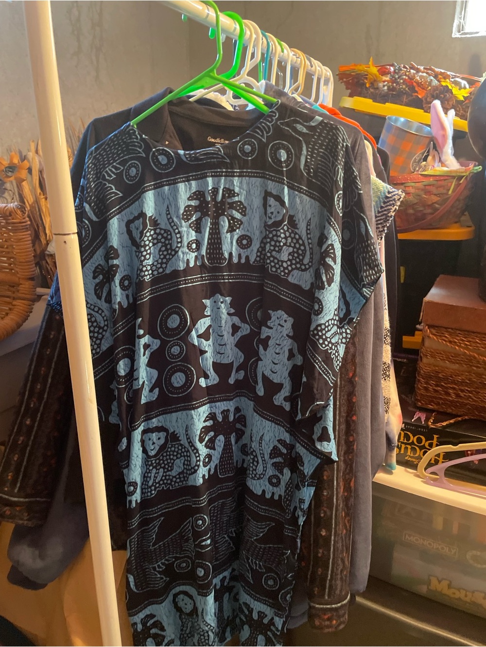 Women's Short-Sleeve Patterned Tee Dress in Blue and Black